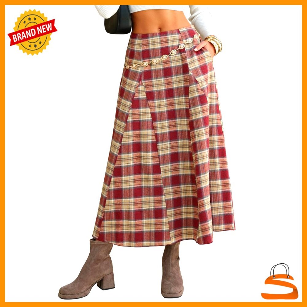 Flannel Plaid Maxi Skirt High Waist A-Line Pleated with Pockets Women's - Picture 1 of 7